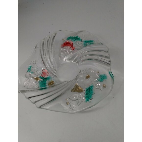 Clear Glass Christmas Candy Bowl/Platter with etched Santa & Florals 9" Diameter - Picture 11 of 11